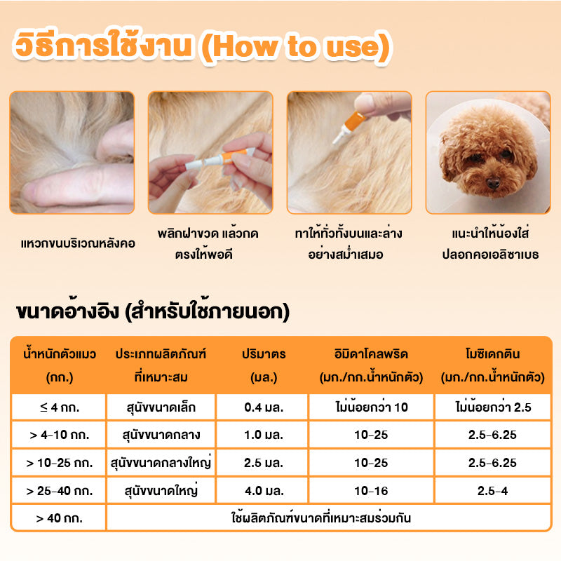 Leryia  ยาหยอดกำจัดหมัดสำหรับสุนัข (imidacloprid) ขนาดตามน้ำหนักตัว 0.4ml / 1.0ml / 2.5ml / 4.0ml — ฆ่าหมัดได้ภายใน 12 ชั่วโมง อยู่ได้นาน 1 เดือน